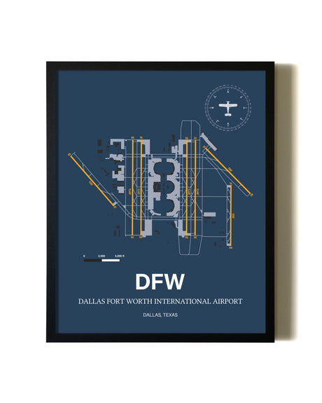 Blue and Yellow Framed Dallas-Fort Worth International Airport wall art poster in black frame
