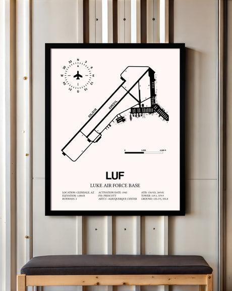 Luke Air Force Base framed poster displayed in an airplane hangar