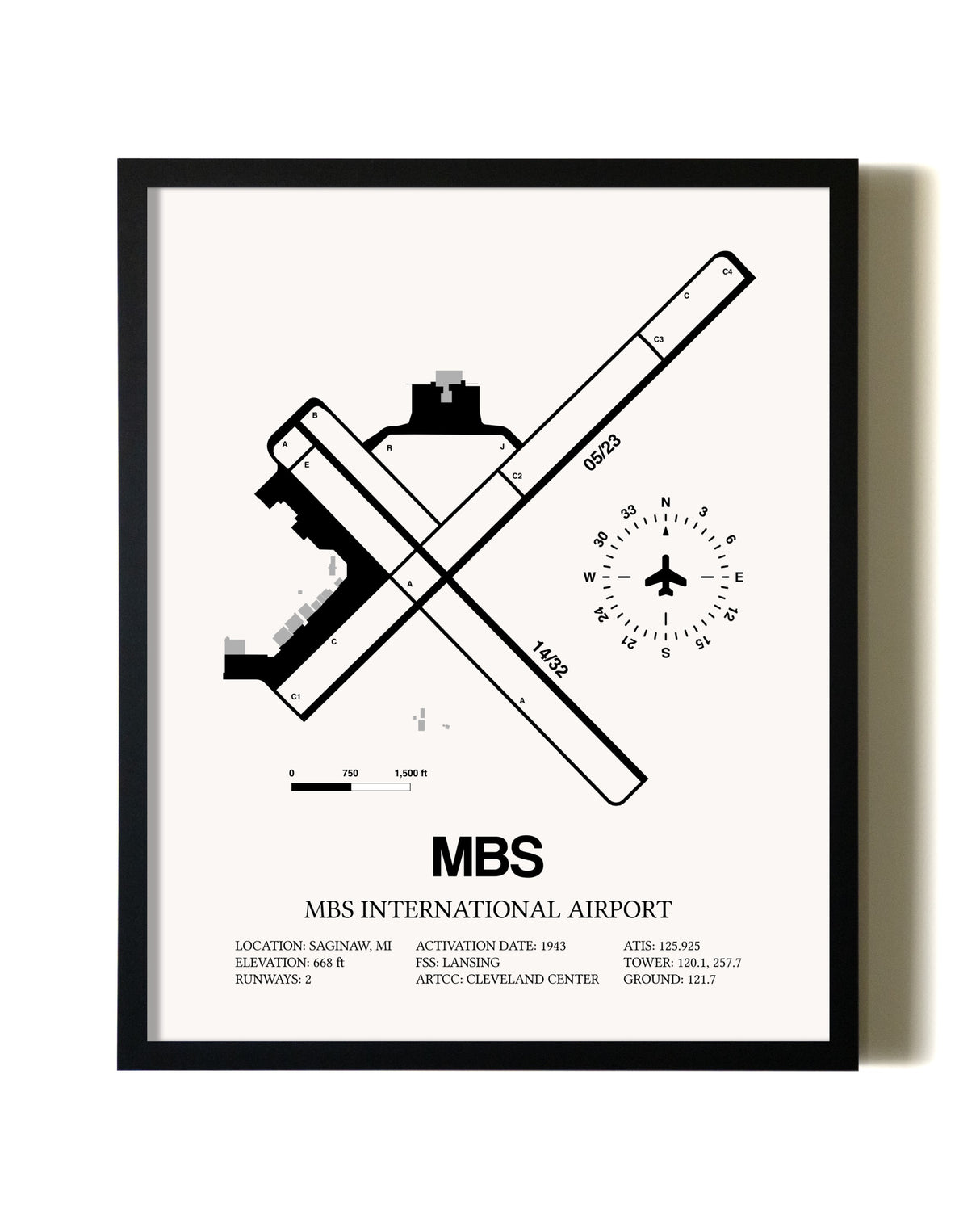 Framed MBS International Airport wall art poster in black frame