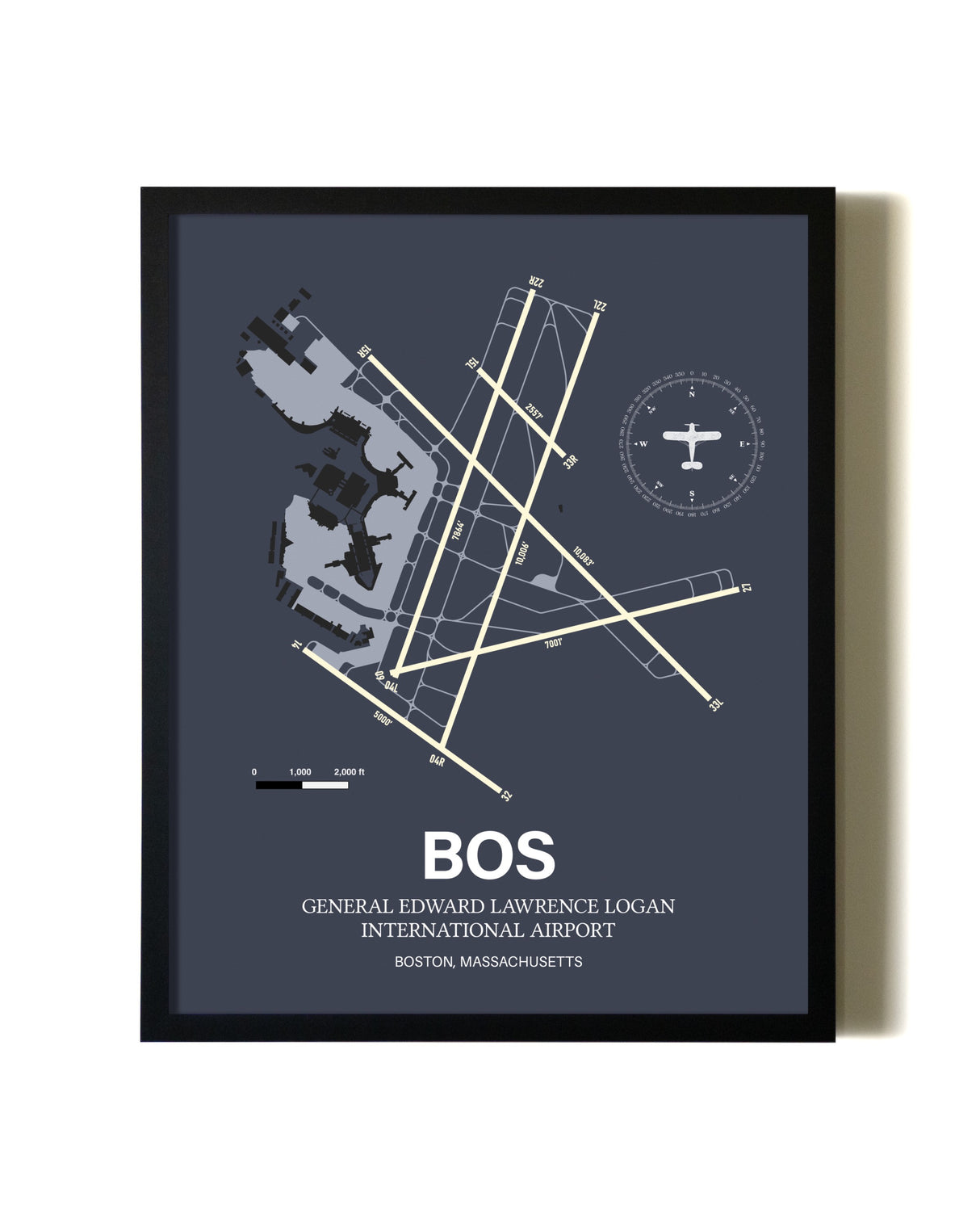 Blue and Cream Framed Boston Logan International Airport layout wall art poster
