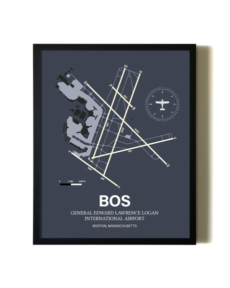 Blue and Cream Framed Boston Logan International Airport layout wall art poster
