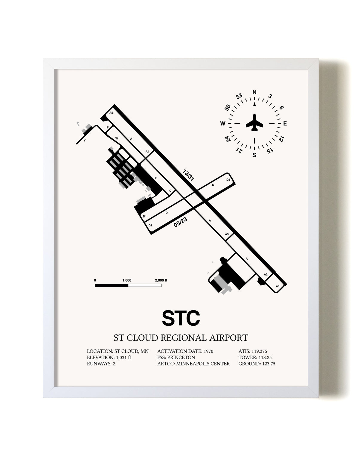 St. Cloud Regional Airport airport map poster in oak frame
