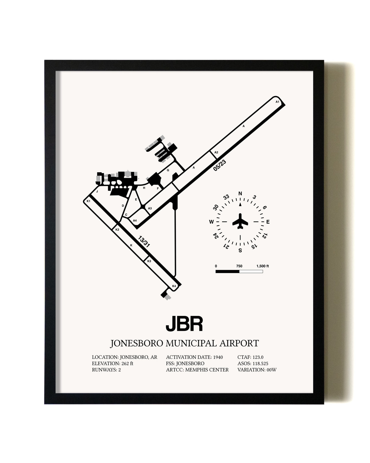 Framed Jonesboro Municipal Airport wall art poster in black frame
