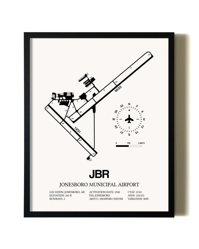 Framed Jonesboro Municipal Airport wall art poster in black frame