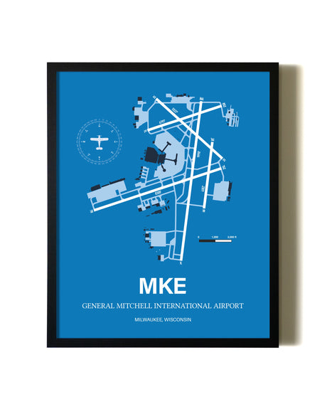 Sky Blue General Mitchell International Airport aviation wall décor in black wood frame
