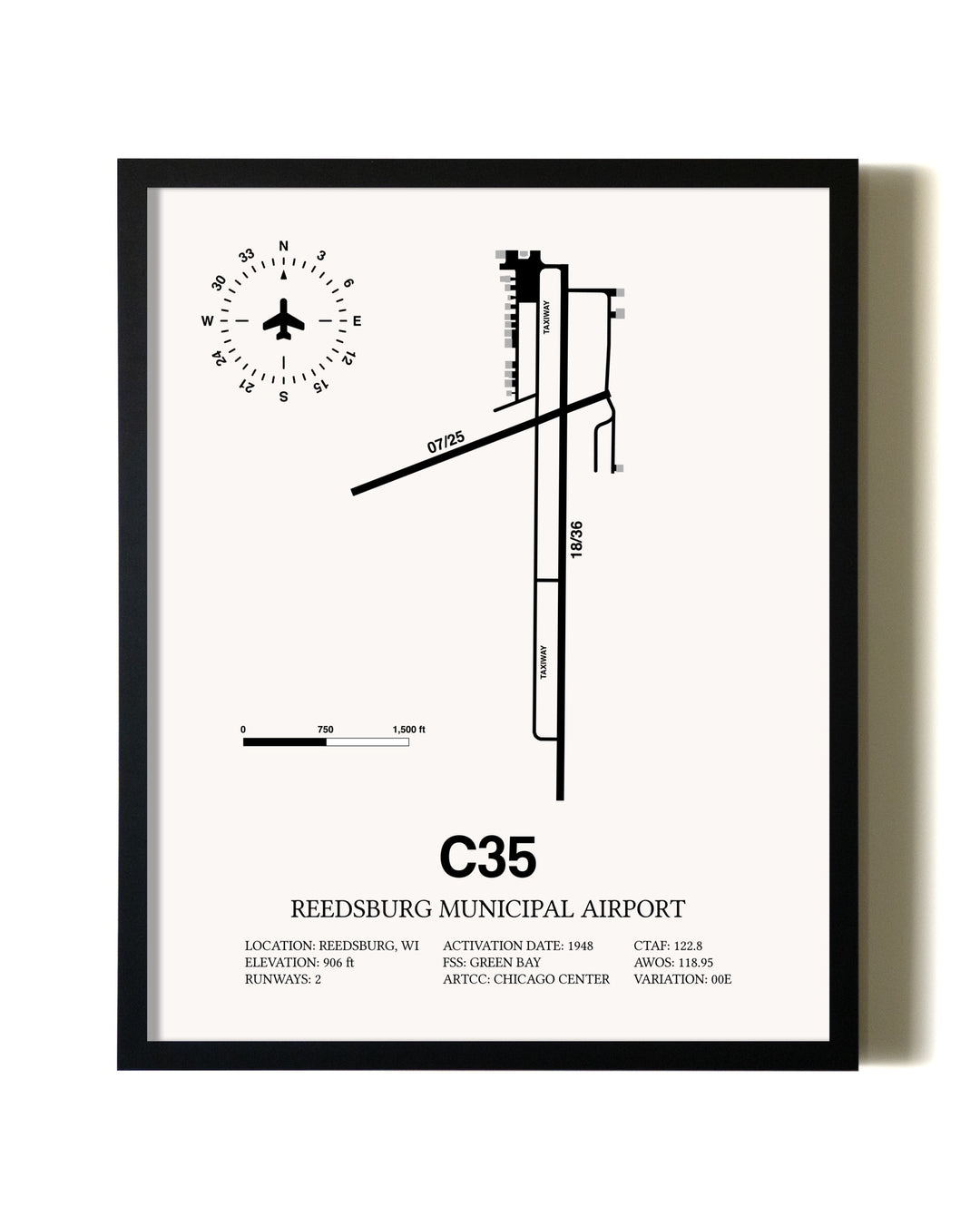 Framed Reedsburg Municipal Airport wall art poster in black frame