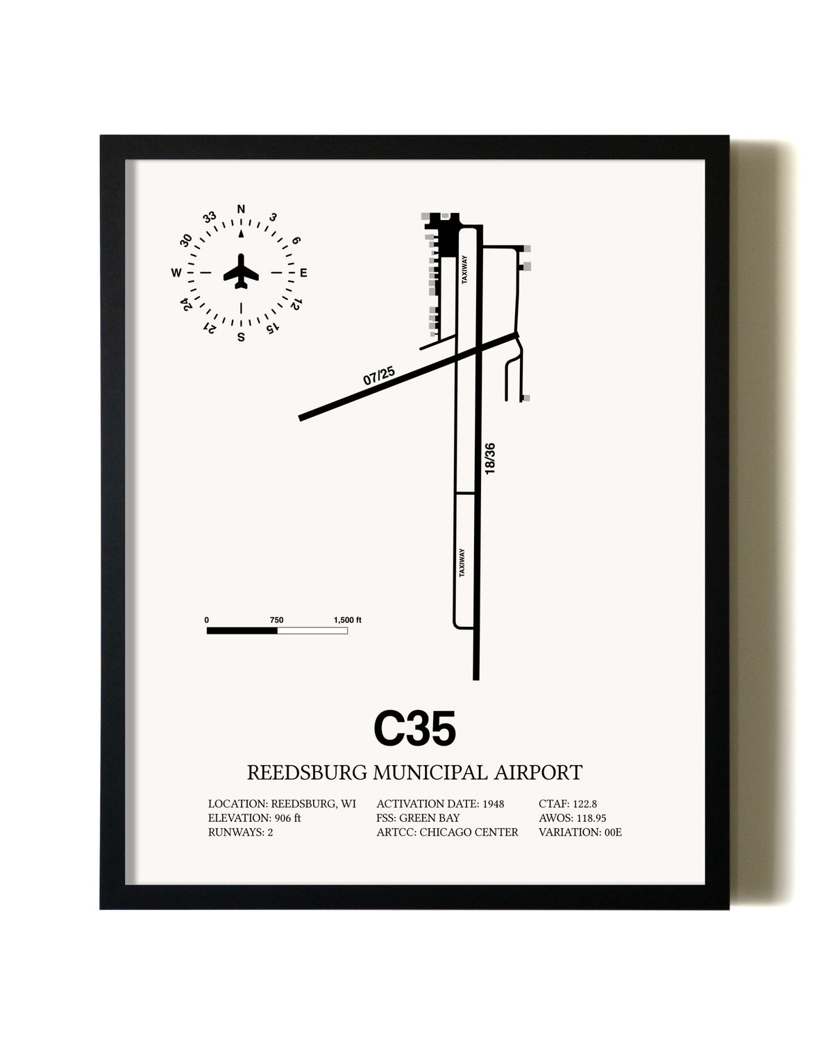 Framed Reedsburg Municipal Airport wall art poster in black frame