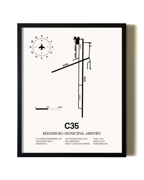 Framed Reedsburg Municipal Airport wall art poster in black frame