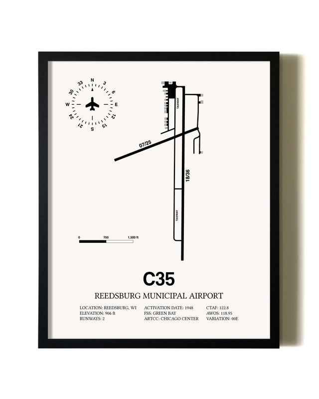 Framed Reedsburg Municipal Airport wall art poster in black frame
