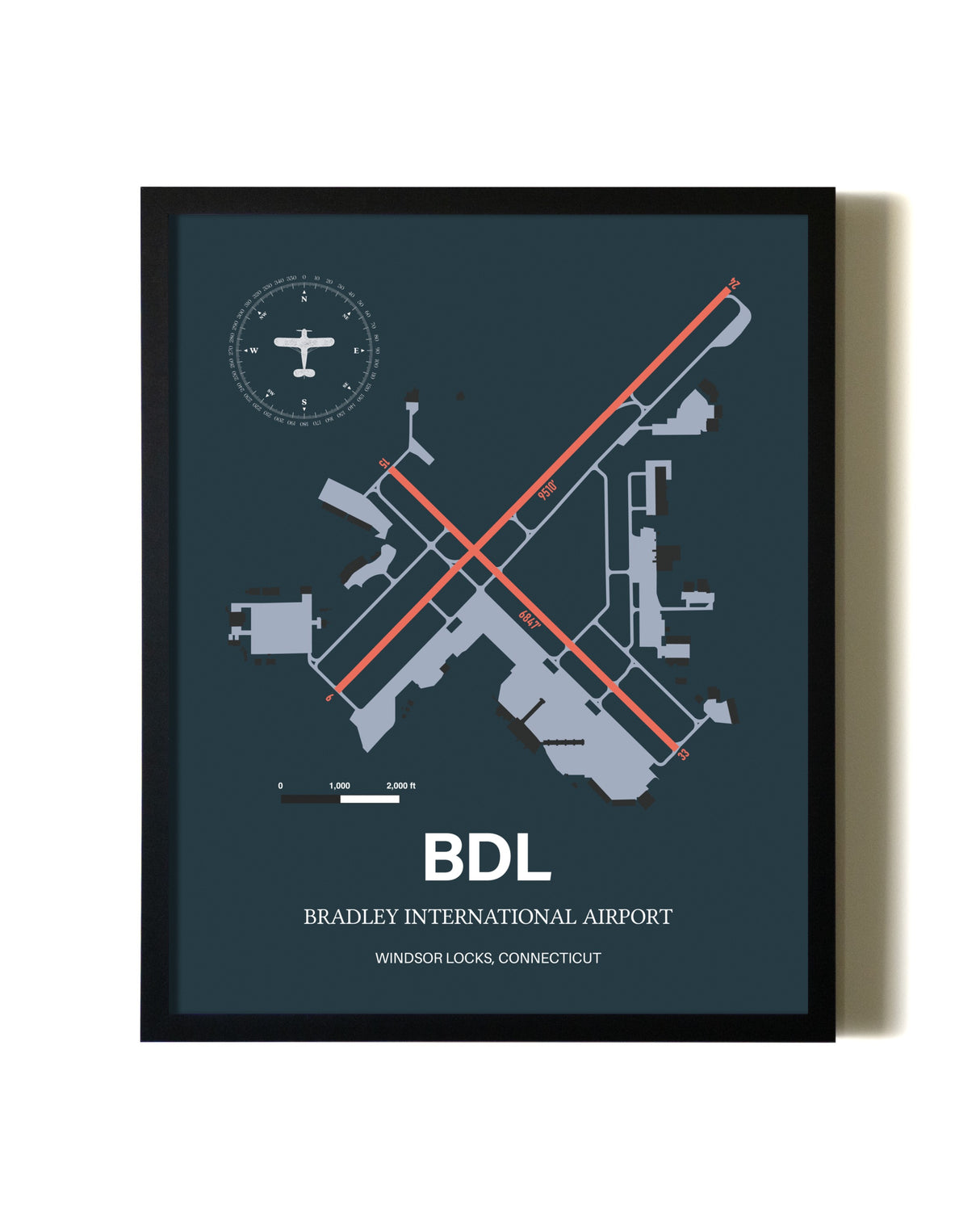 Framed Bradley International Airport wall art poster in black frame