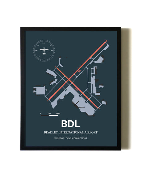 Framed Bradley International Airport wall art poster in black frame