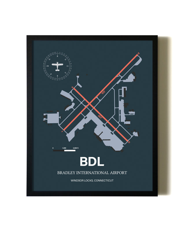 Framed Bradley International Airport wall art poster in black frame