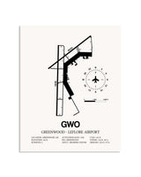 Gray Greenwood-Leflore Airport framed poster displayed in an airplane hangar