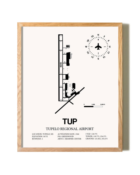 Tupelo Regional Airport framed print in natural wood frame