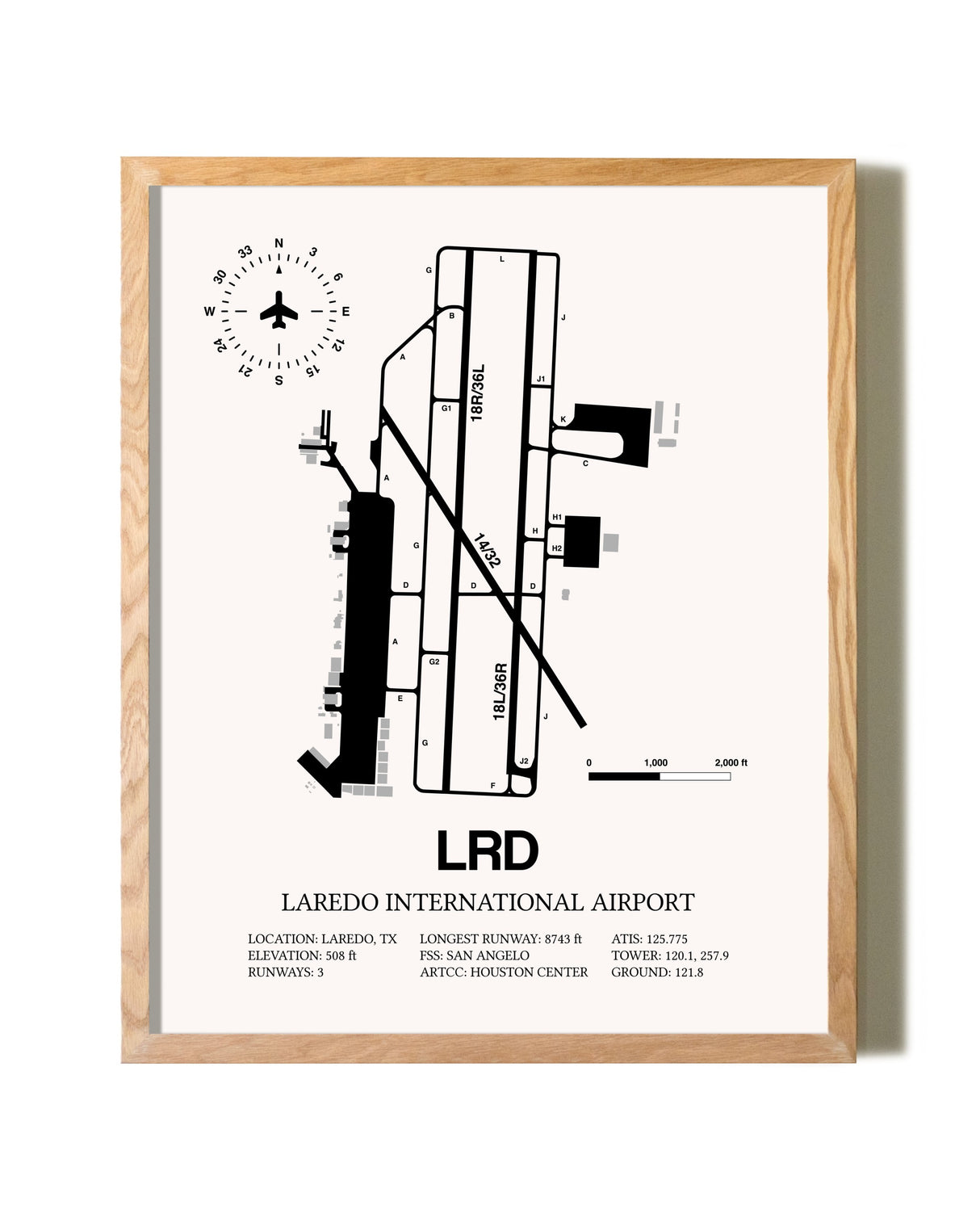 Laredo International Airport framed print in natural wood frame