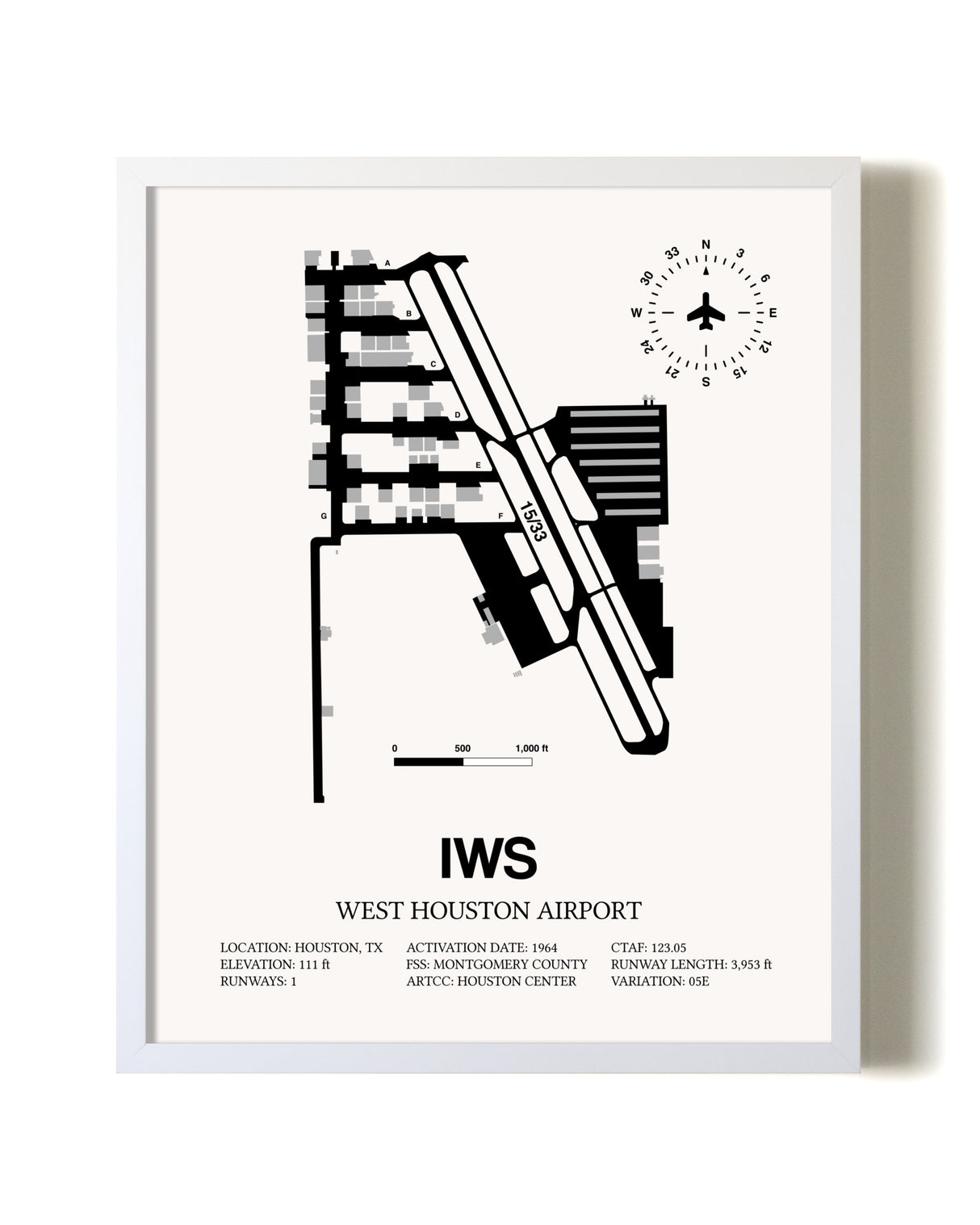 West Houston Airport airport map poster in oak frame