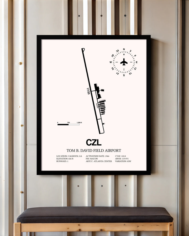 Tom B. David Field Airport framed poster displayed in an airplane hangar