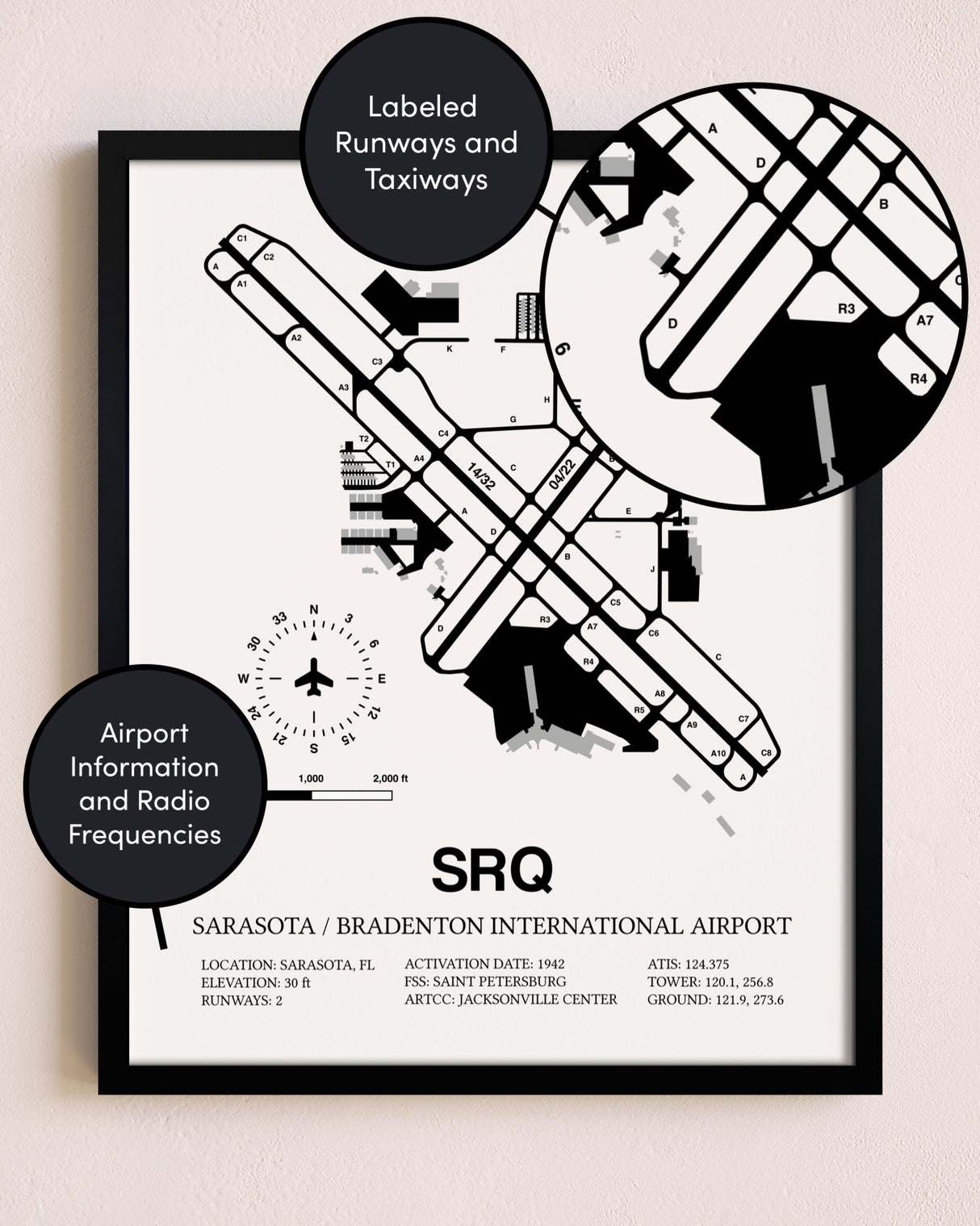 Framed Sarasota / Bradenton International Airport layout wall art poster