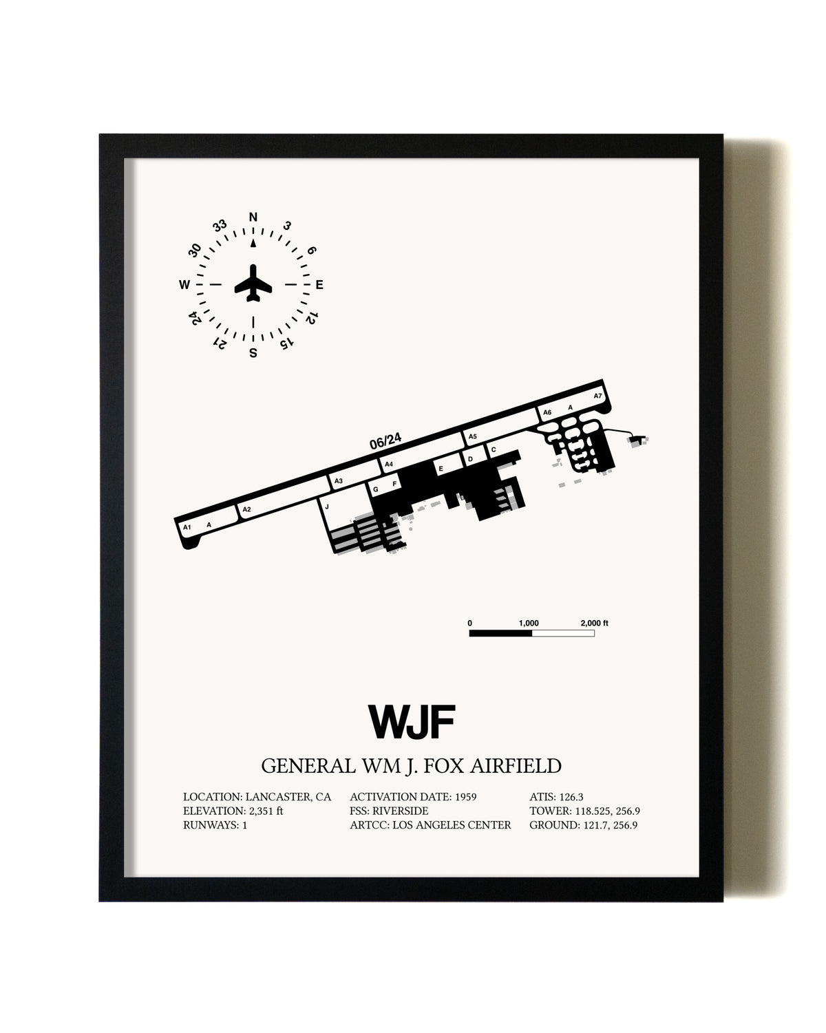 Framed General William J. Fox Airfield wall art poster in black frame