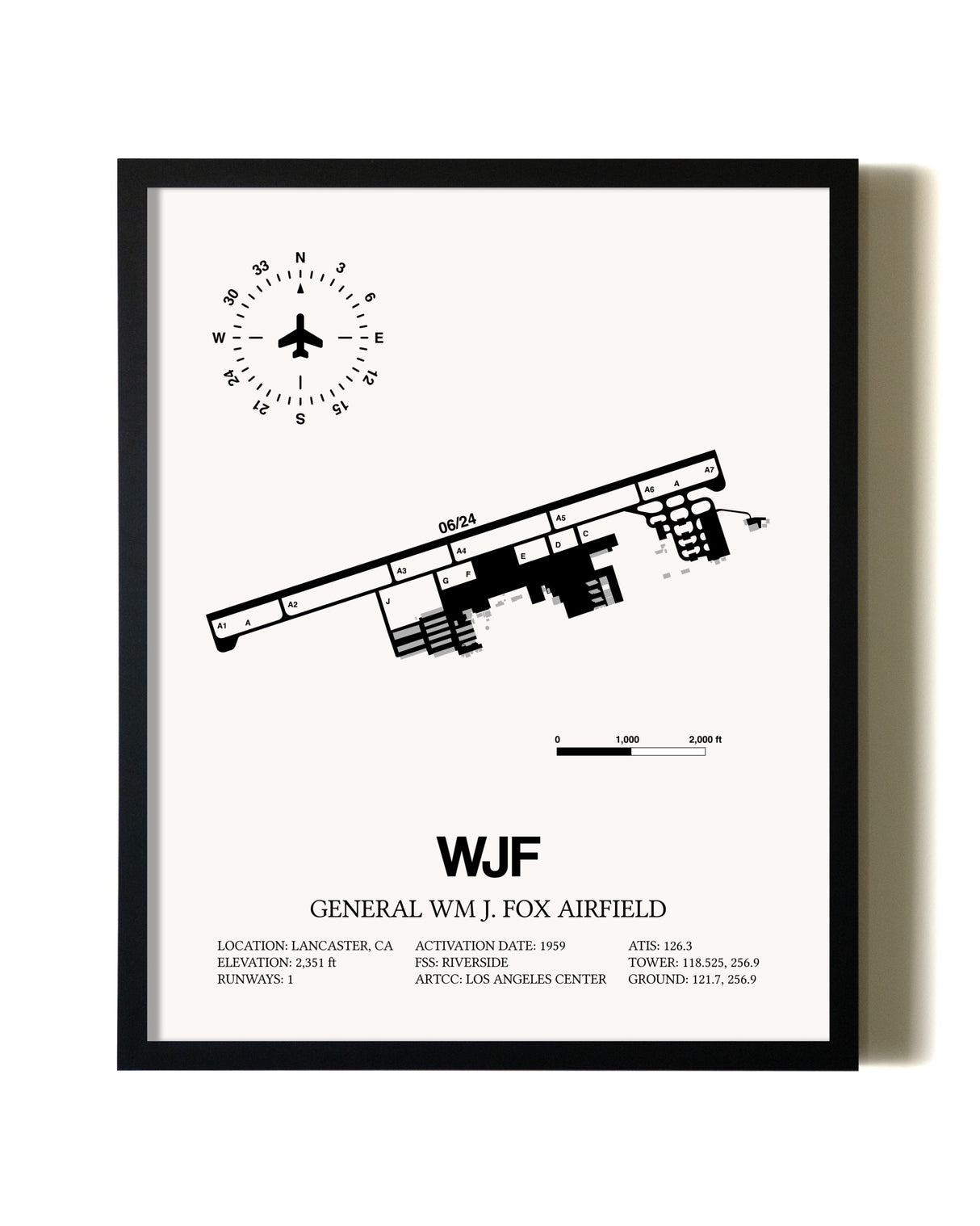 Framed General William J. Fox Airfield wall art poster in black frame