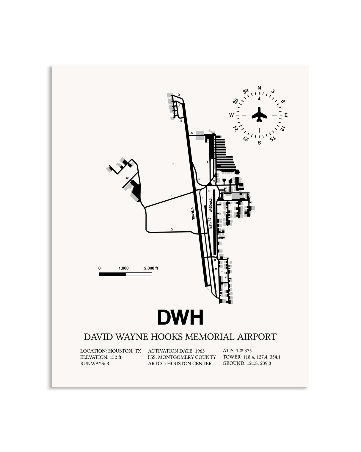 Gray David Wayne Hooks Memorial Airport framed poster displayed in an airplane hangar