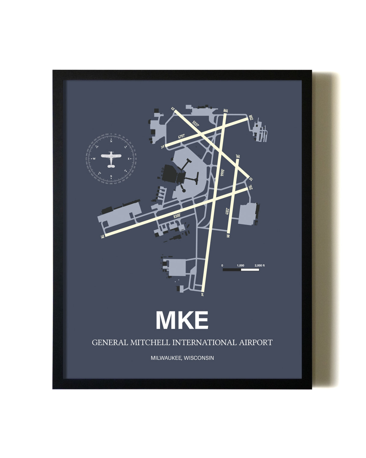 Blue and Cream Framed General Mitchell International Airport layout wall art poster