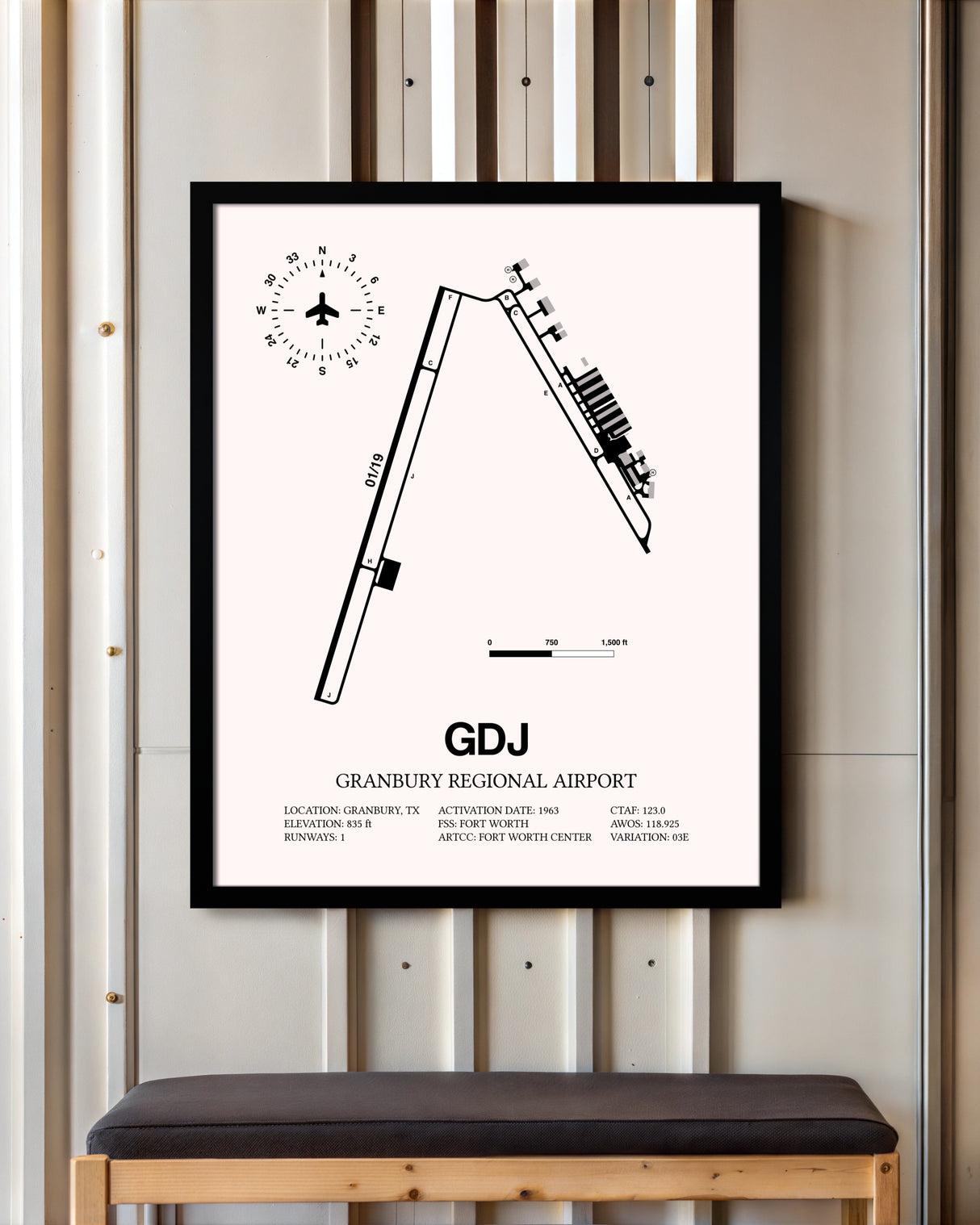 Granbury Regional Airport framed poster displayed in an airplane hangar