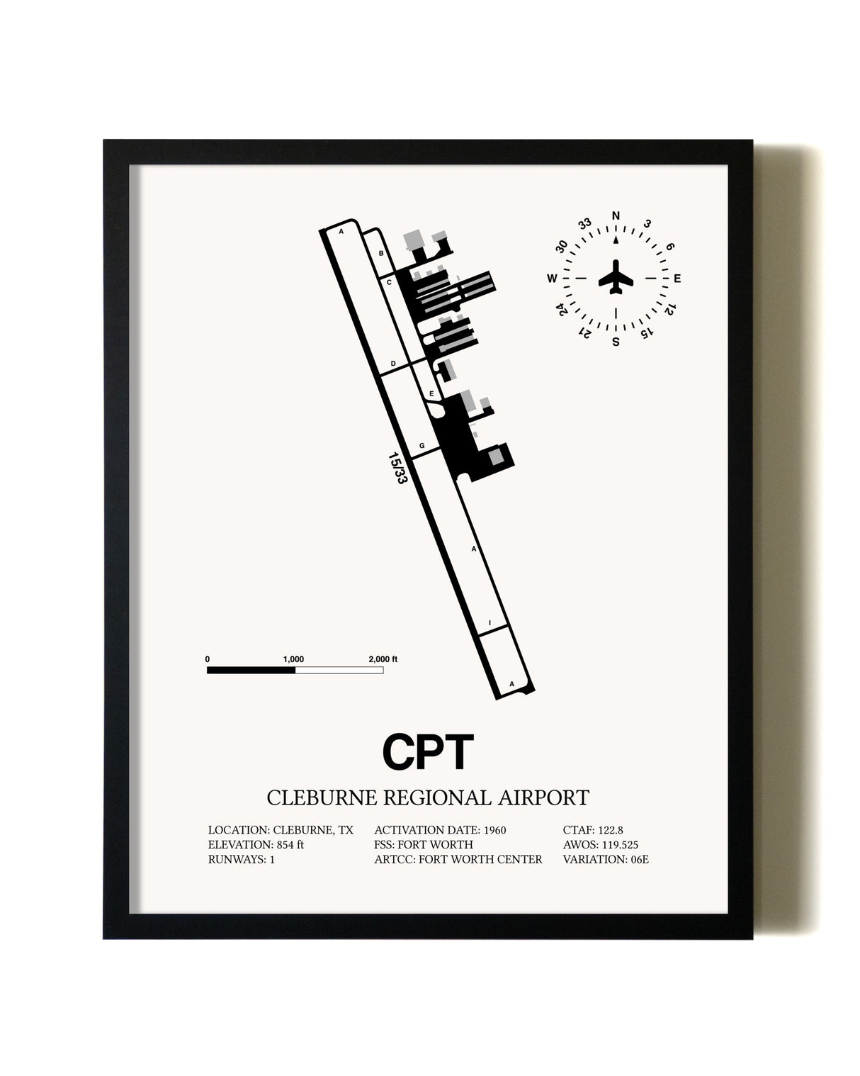 Framed Cleburne Regional Airport wall art poster in black frame