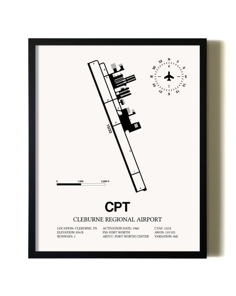Framed Cleburne Regional Airport wall art poster in black frame