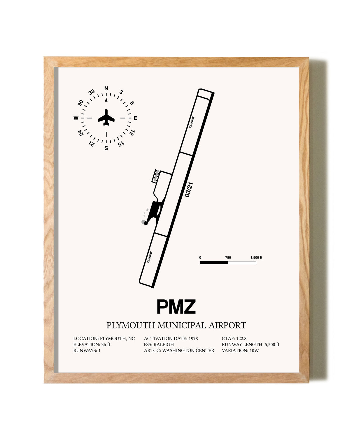Plymouth Municipal Airport framed print in natural wood frame