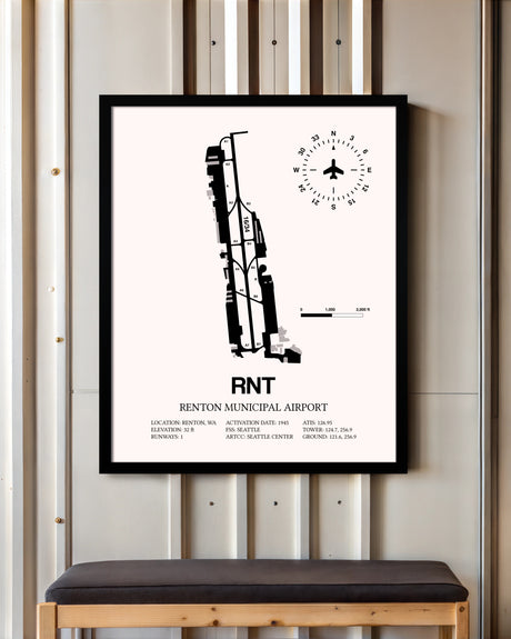 Renton Municipal Airport framed poster displayed in an airplane hangar