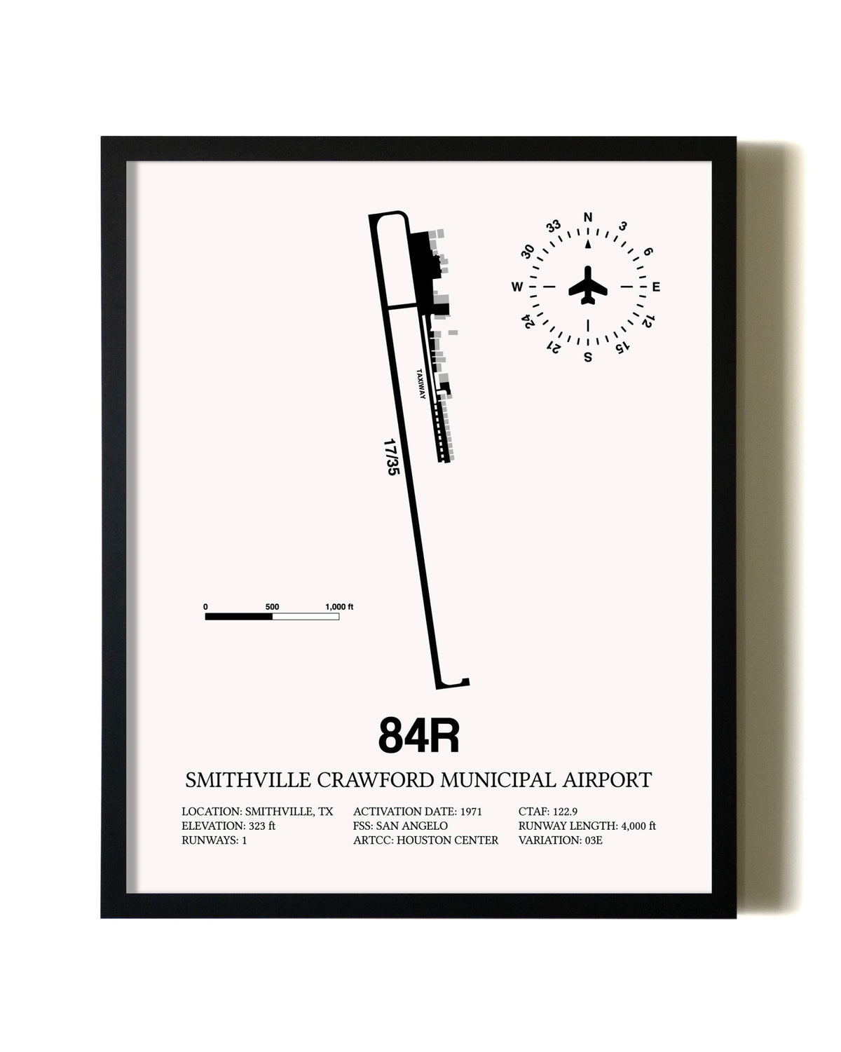 Framed Smithville Crawford Municipal Airport wall art poster in black frame