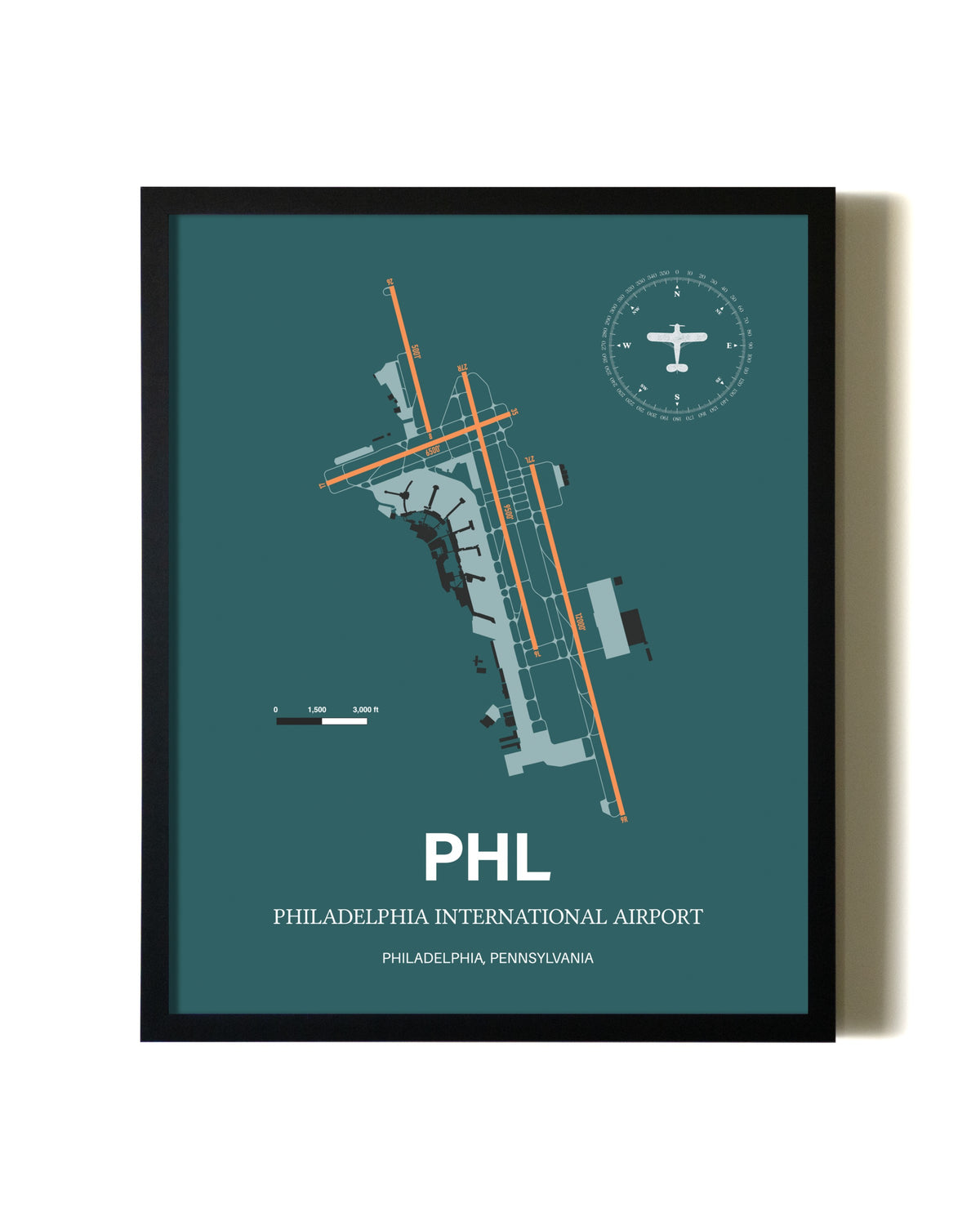 Green Philadelphia International Airport aviation wall décor in black wood frame