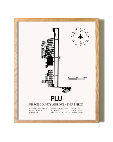 Pierce County Airport / Thun Field framed print in natural wood frame