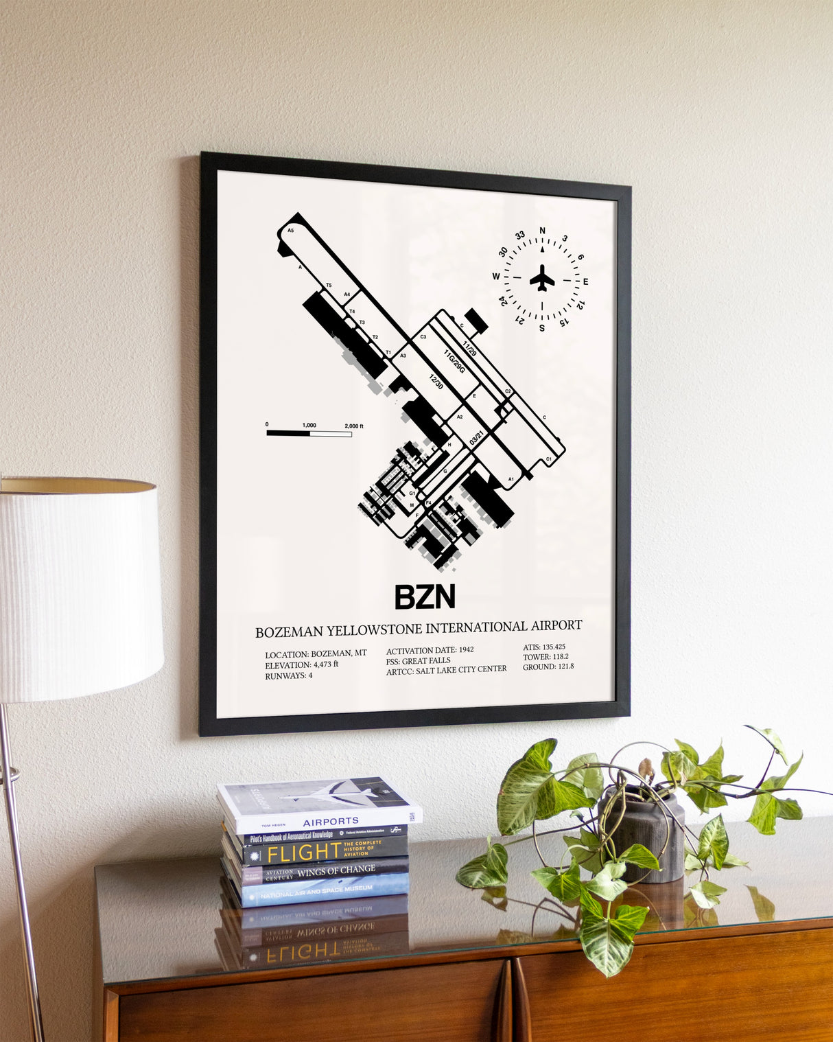Bozeman Yellowstone International Airport aviation wall décor in black wood frame