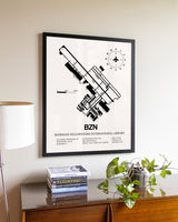 Bozeman Yellowstone International Airport aviation wall décor in black wood frame