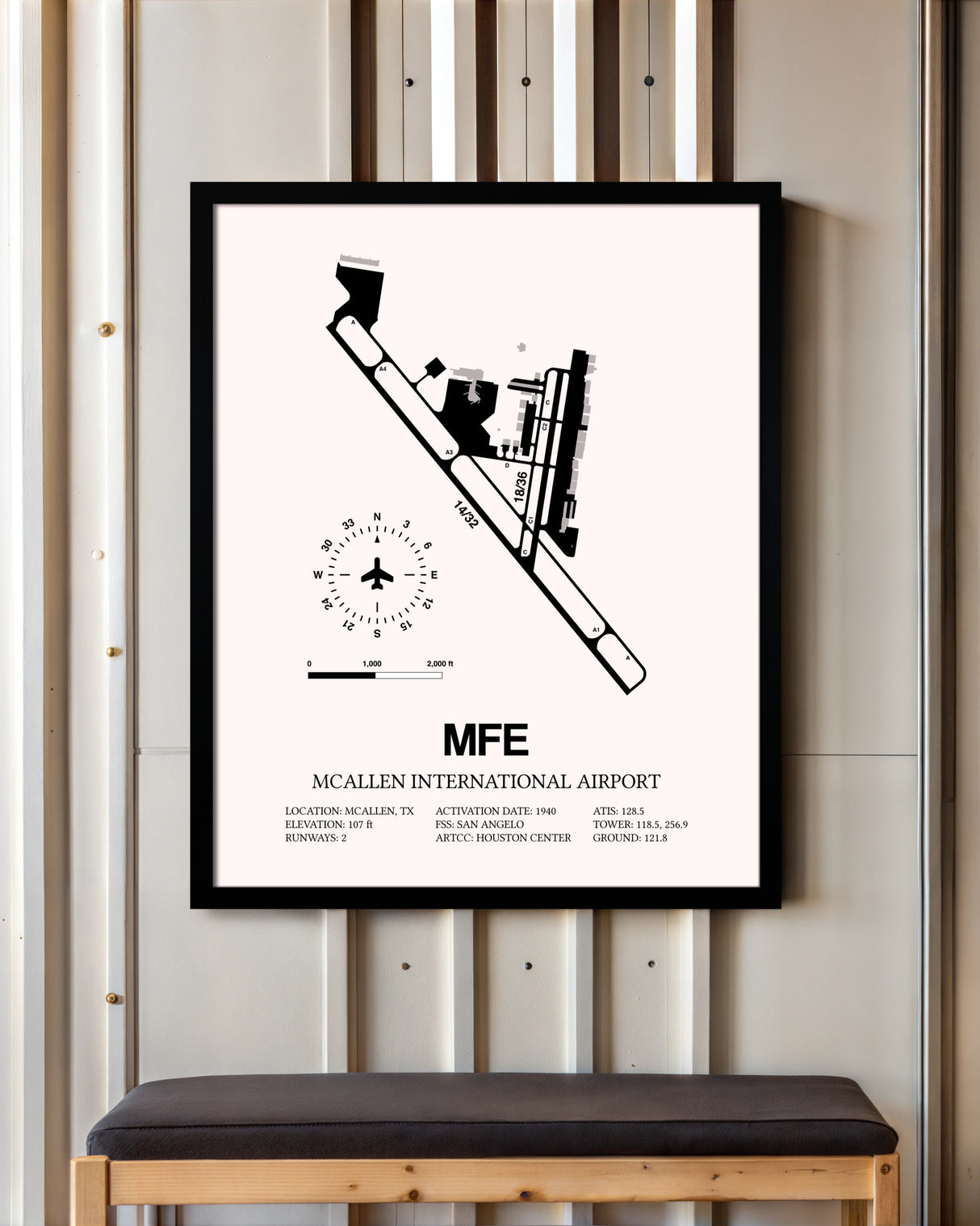 McAllen International Airport framed poster displayed in an airplane hangar