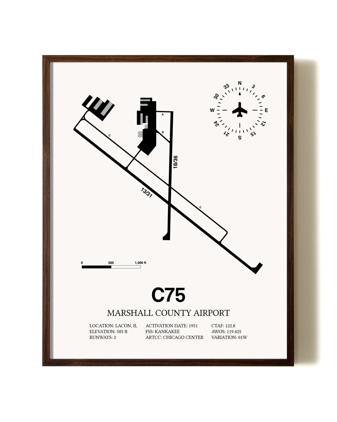 Marshall County Airport aviation print in walnut frame