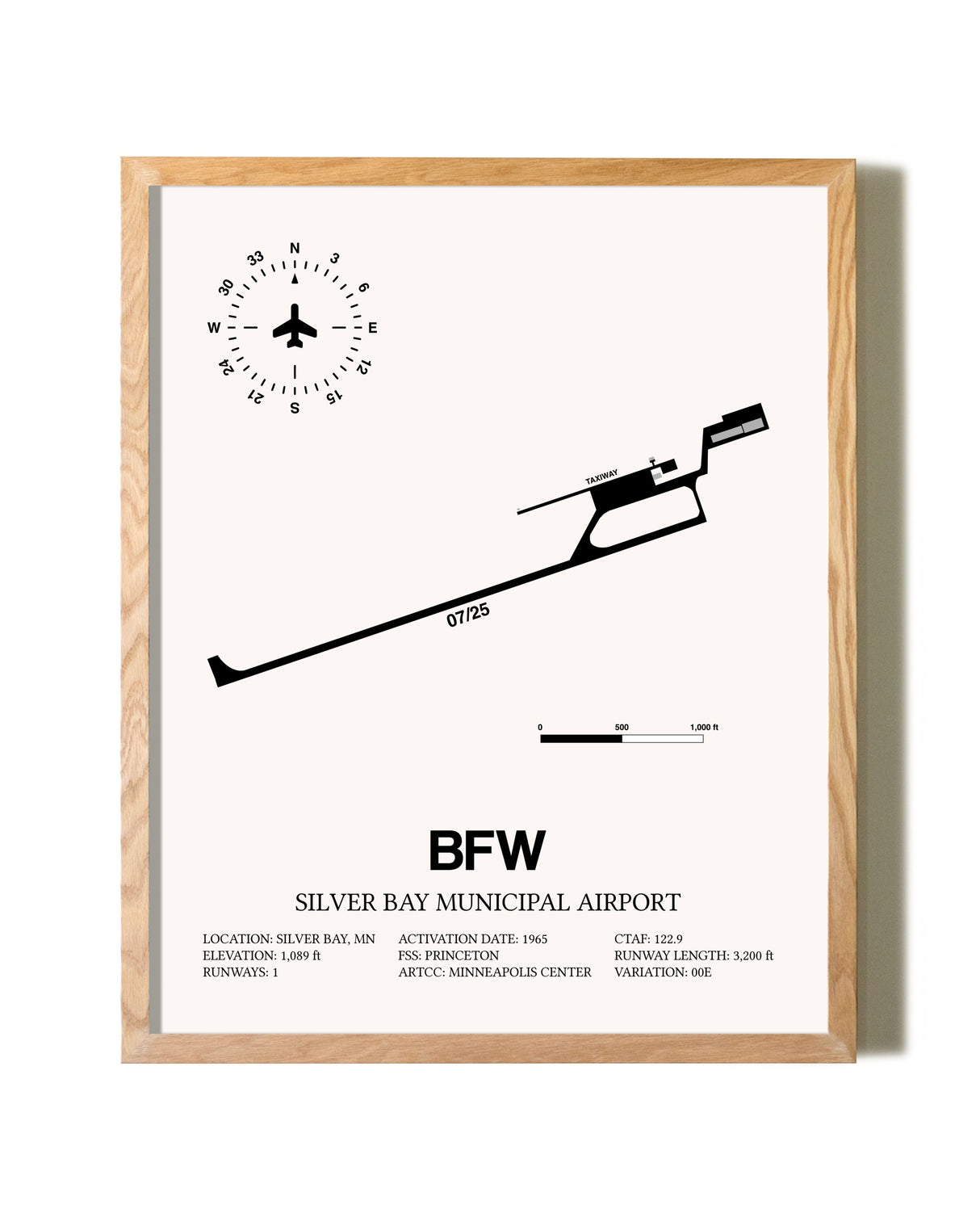 Silver Bay Municipal Airport framed print in natural wood frame
