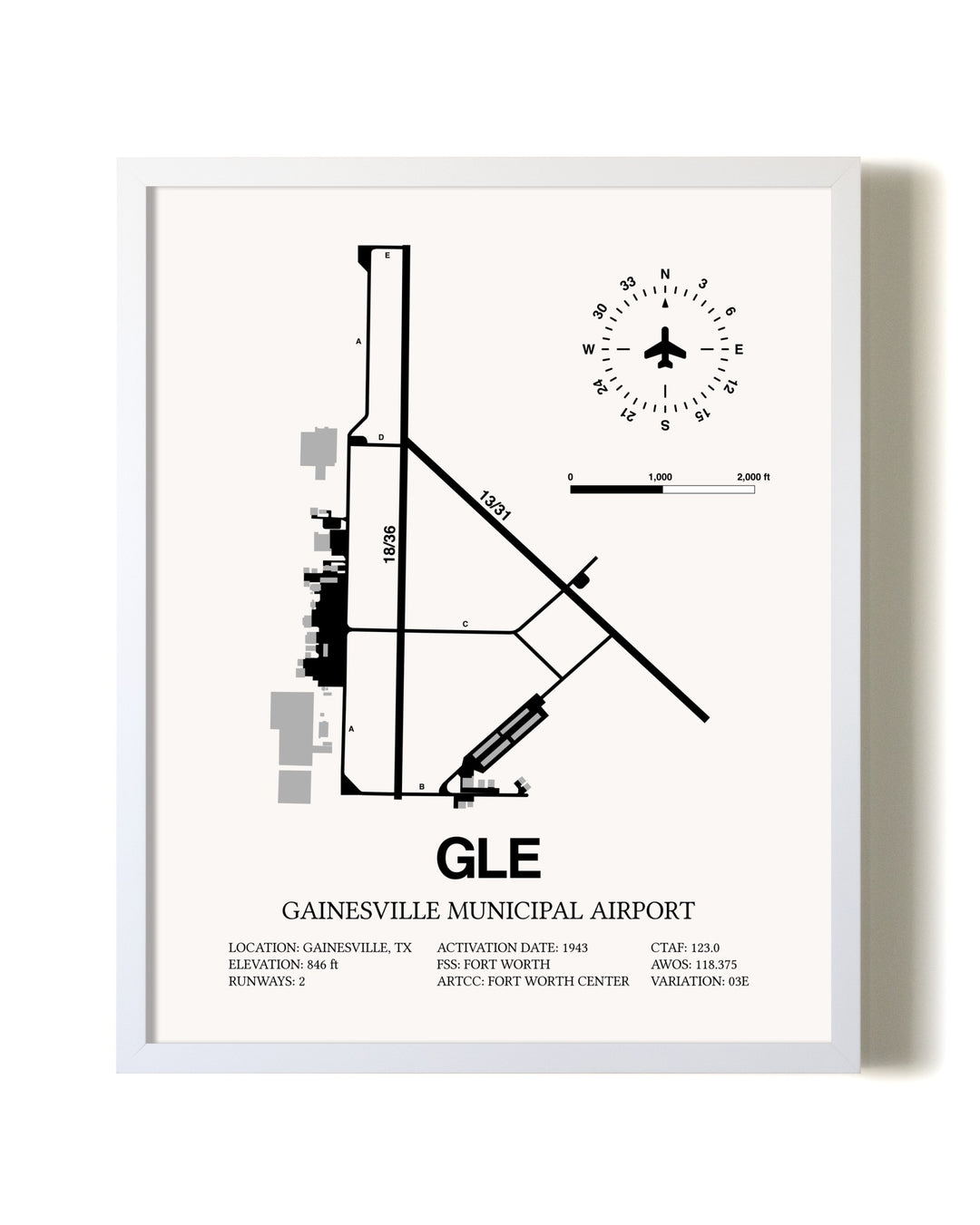 Gainesville Municipal Airport airport map poster in oak frame