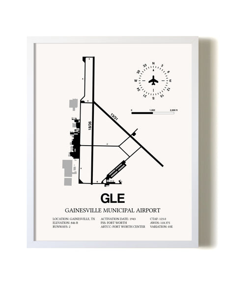 Gainesville Municipal Airport airport map poster in oak frame