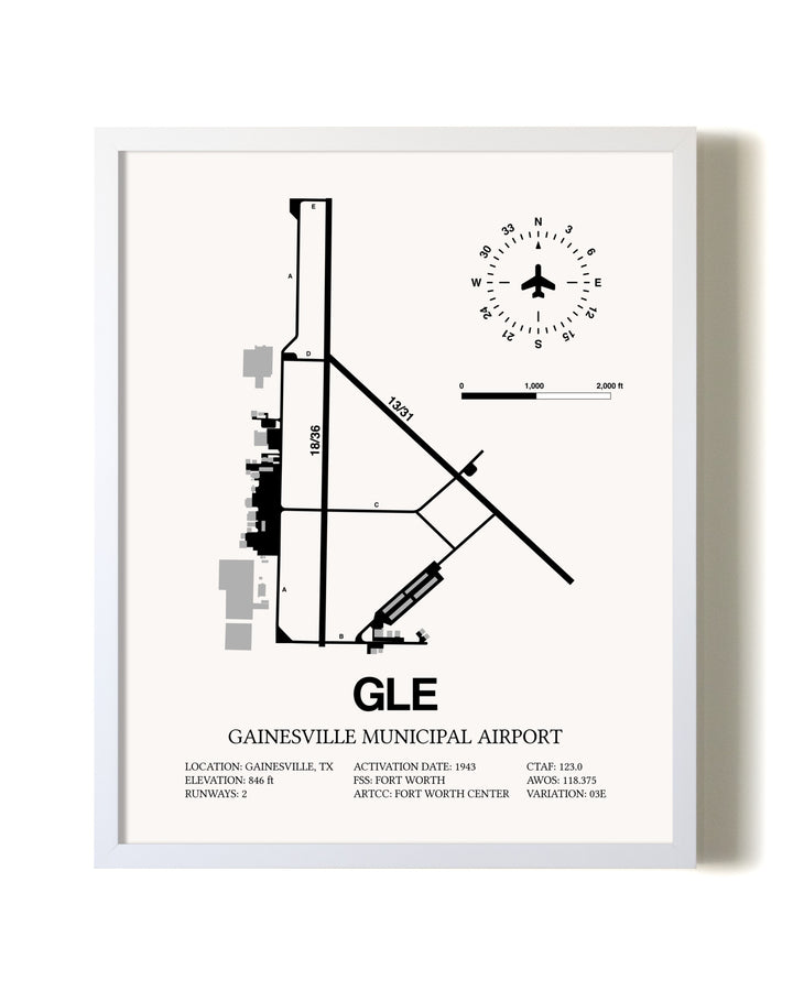 Gainesville Municipal Airport airport map poster in oak frame