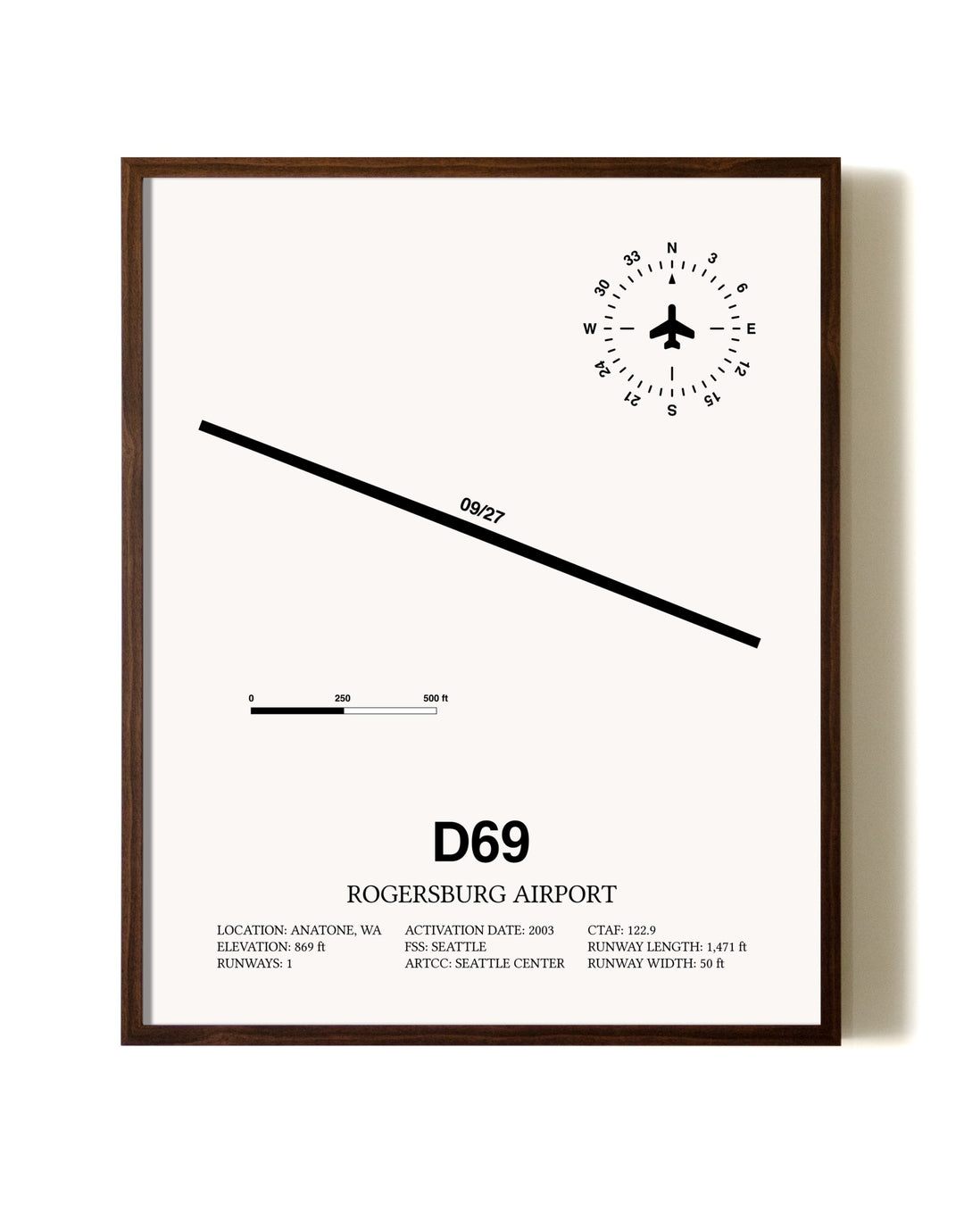 Rogersburg Airport aviation print in walnut frame