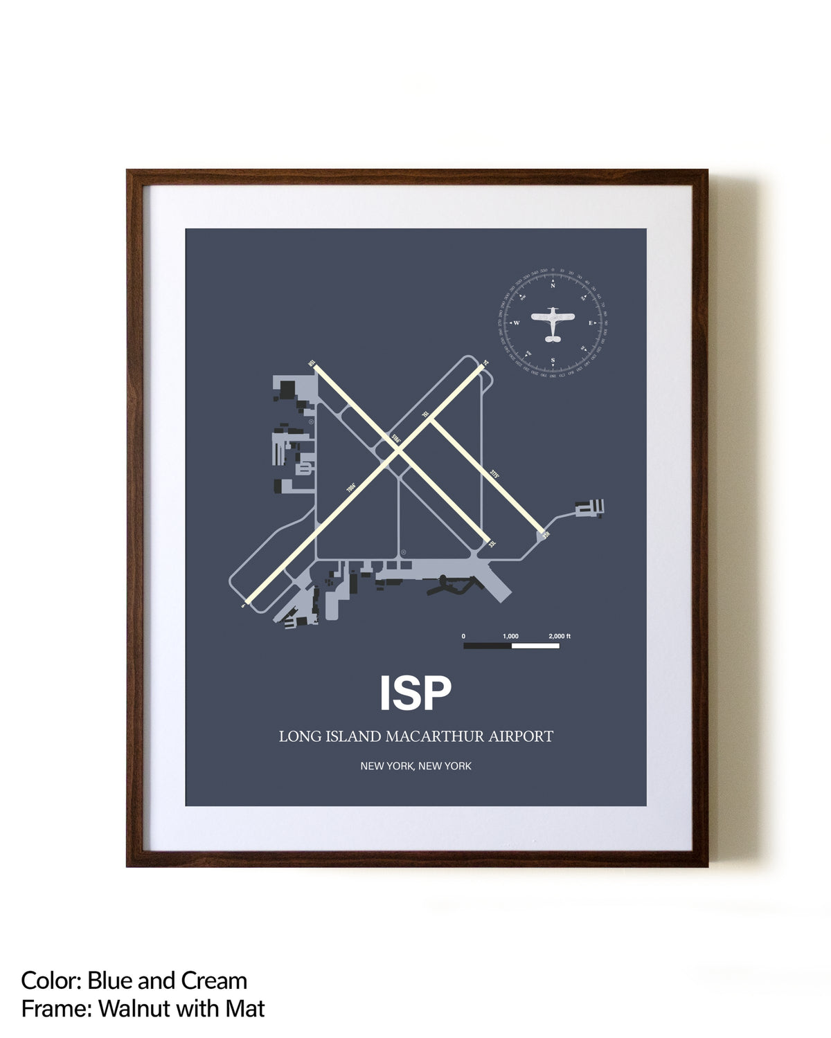 Long Island Mac Arthur Airport aviation print in walnut frame with mat
