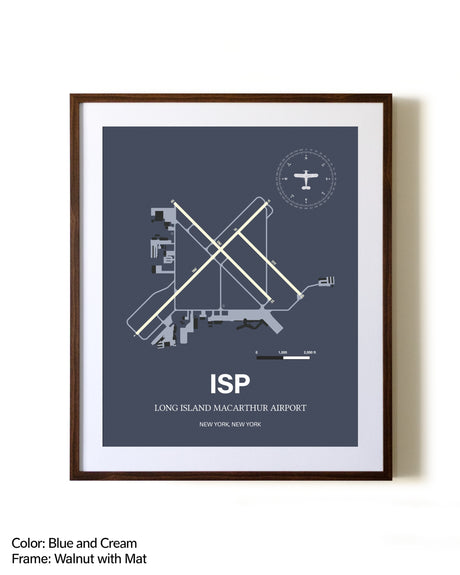 Long Island Mac Arthur Airport aviation print in walnut frame with mat