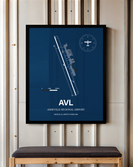 Asheville Regional Airport framed poster displayed in an airplane hangar