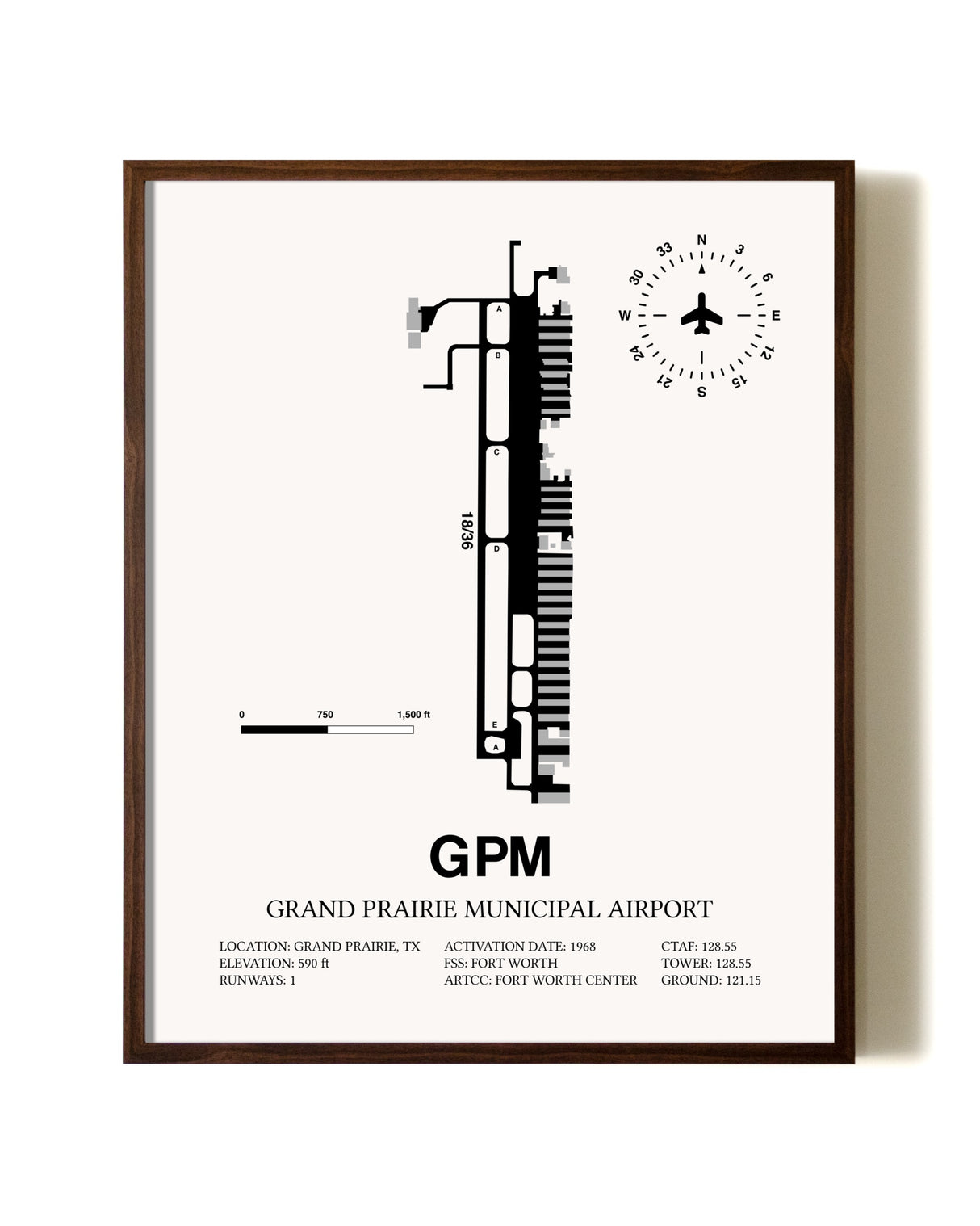 Grand Prairie Municipal Airport aviation print in walnut frame