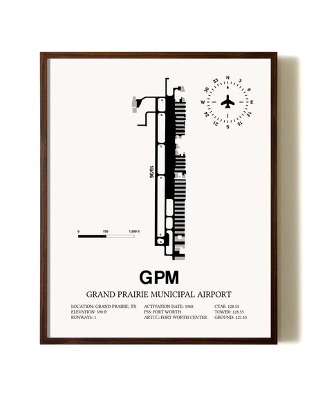Grand Prairie Municipal Airport aviation print in walnut frame