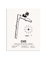 Gray Corvallis Municipal Airport framed poster displayed in an airplane hangar
