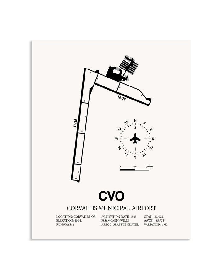 Gray Corvallis Municipal Airport framed poster displayed in an airplane hangar